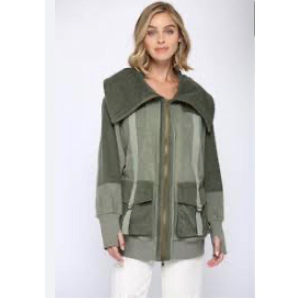 Fate Womens Mixed Media Fleece Corduroy Zip Up Jacket Olive Green‎ Large Cargo